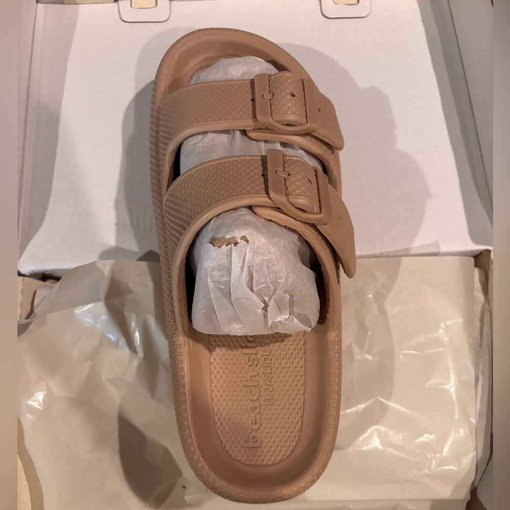Beige Double Strap Sandals by J Slides